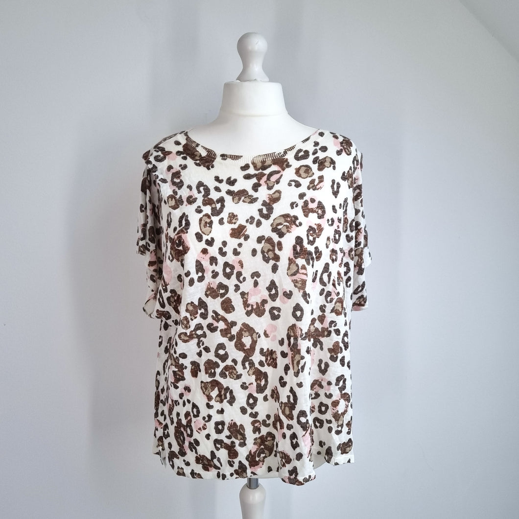 Next Leopard Print Blouse 24 Linen Blend Knitted Cream Short Sleeve Top Animal