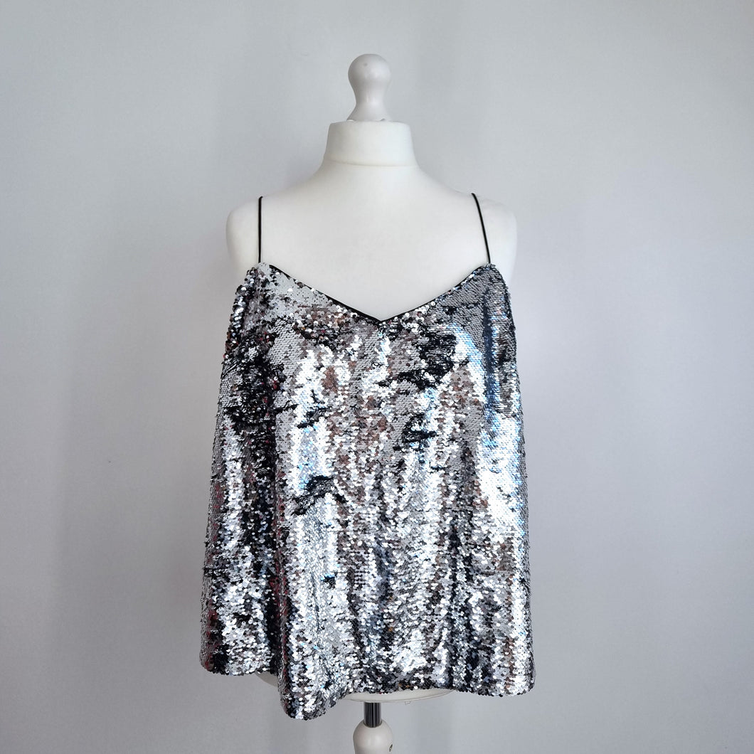 Very Sequin Camisole Top UK 24 Silver Lined Strappy Vest Party Plus Size Xmas