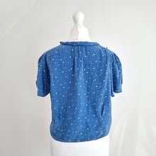 Load image into Gallery viewer, MiH 100% Silk Top Cropped Blouse Blue Star Print Button Down Frill Ruffle Medium
