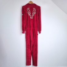Load image into Gallery viewer, Vintage 80s Velour Jumpsuit Red Tribal Graphic UK Made Oversized Unisex M
