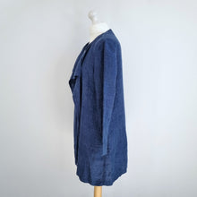 Load image into Gallery viewer, East 100% Linen Jacket Waterfall Open Pockets Navy Blue Draped Cardigan Medium
