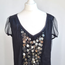 Load image into Gallery viewer, Noa Noa Black Sheer Mesh Dress L Jinglebell Net Metallic Disc Embellished Party
