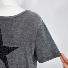 Load image into Gallery viewer, Hush Sparkly T-shirt Star Print Silver Grey Top Shoulder Pads Party Medium
