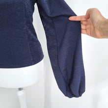 Load image into Gallery viewer, Free People Constellation Top Long Puff Sleeves Navy Blue Sparkly Corset XS
