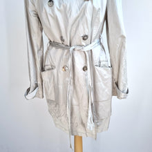 Load image into Gallery viewer, M&amp;S Per Una Trenchcoat Light Gold Metallic Belted Lined Tiered Back Party 14
