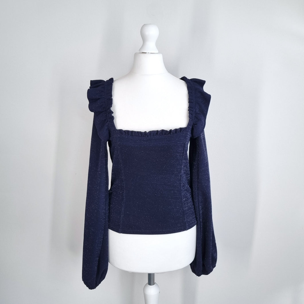 Free People Constellation Top Long Puff Sleeves Navy Blue Sparkly Corset XS