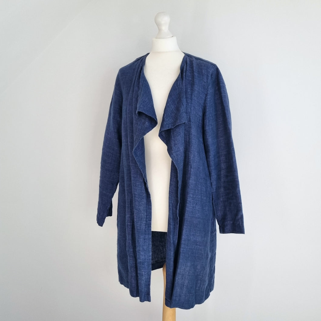 East 100% Linen Jacket Waterfall Open Pockets Navy Blue Draped Cardigan Medium