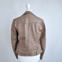 Load image into Gallery viewer, Antros Real Leather Jacket Vintage Ruffle Peplum Taupe Zip Pocket Biker 8 Small
