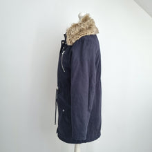 Load image into Gallery viewer, V by Very Parka Coat UK 18 Navy Blue Faux Fur Trim Jacket Winter Padded Pockets
