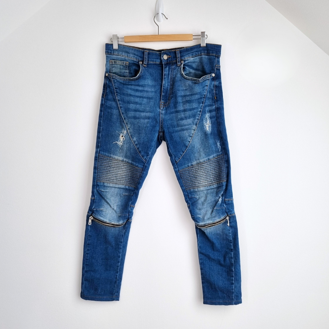 Zara Biker Jeans Distressed Skinny Zips Mid Blue Slim Ripped High Rise 40 UK 12