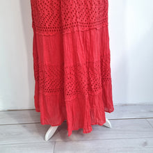 Load image into Gallery viewer, Roman Maxi Dress Broderie Anglaise 16 Coral Red Milkmaid 100% Cotton Summer Boho
