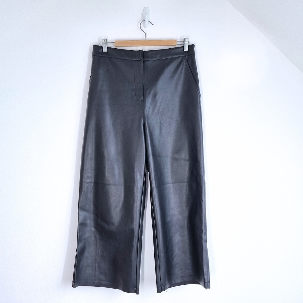 Roman Faux Leather Trousers Cropped 14 NEW Black Wide Leg Pockets Elastic Waist