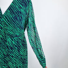 Load image into Gallery viewer, Boden Midi Dress Animal Print Green Navy Button Down Long Sleeves Tie Lined 16

