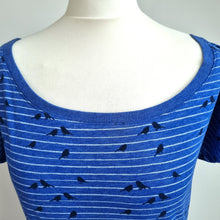 Load image into Gallery viewer, Naketano Tunic Top Blue Bird Print Striped Size Large Cotton Blend Jersey Bardot
