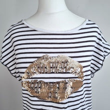 Load image into Gallery viewer, Mint Velvet Striped Top Sequin Lips Small T-Shirt White Gold 100% Cotton Breton
