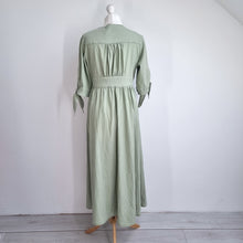 Load image into Gallery viewer, Midi Button Down Dress Large Sage Green 100% Cotton Tie Sleeve Casual Boho Tea
