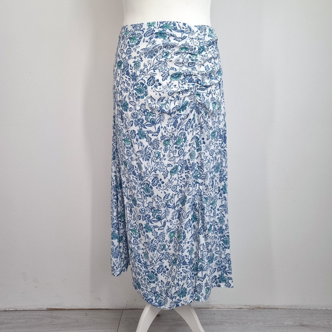 Per Una Midi Skirt 16 M&S Floral Print Blue White Gathered Slit Holiday Ruched