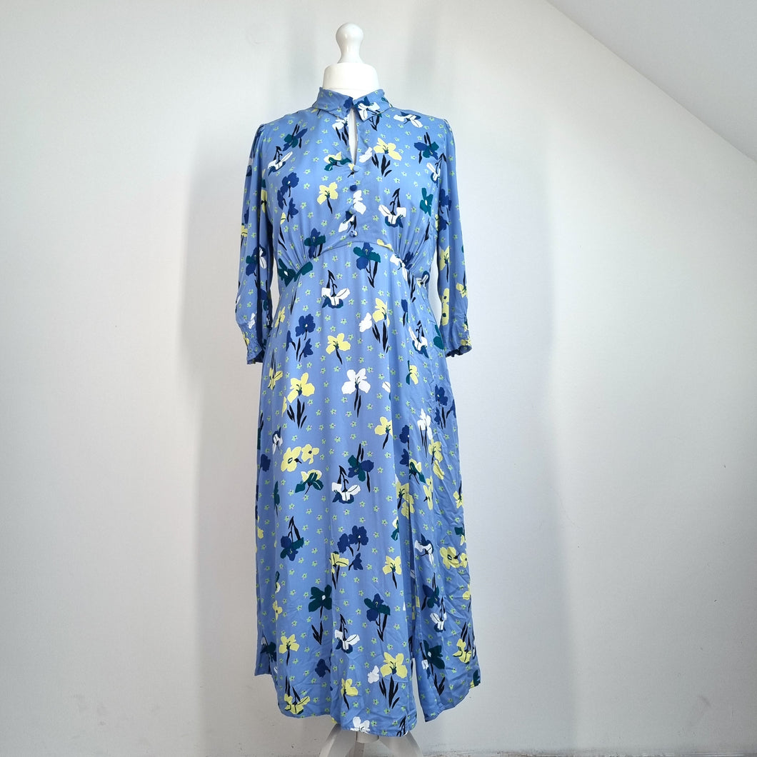 Finery Midi Tea Dress Blue 16 Floral Print Long Sleeves Pastel Work Occasion