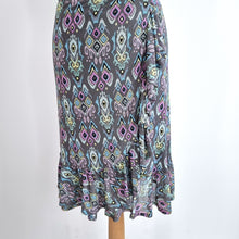 Load image into Gallery viewer, Hush Wrap Dress Ikat Print Frill Mesh Ruffle Short Sleeves Grey Multi Lined 12
