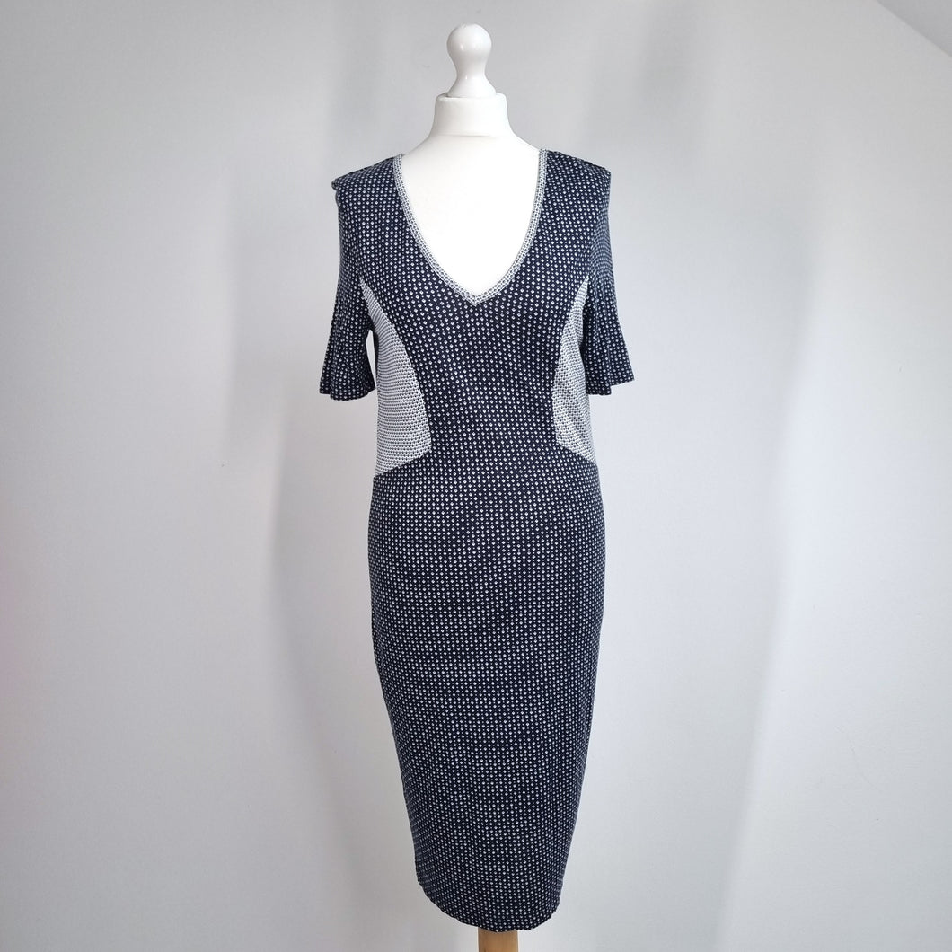 French Connection Wiggle Dress UK 16 Fitted Navy White Ditsy Print Short Sleeves