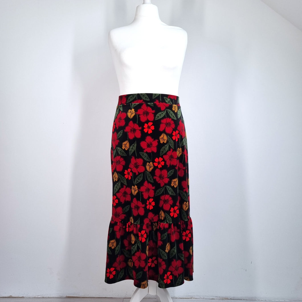 Seasalt Cornwall Velvet Skirt UK 20 Wildflower Print Maxi Black Red Christmas