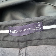 Load image into Gallery viewer, M&amp;S Faux Leather Trousers Tapered High Rise Black Mom Pleated Work 16 Long
