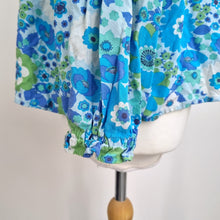 Load image into Gallery viewer, Anorak Retro Floral Blouse UK 16 Button Front Turquoise Blue Peasant Top Viscose

