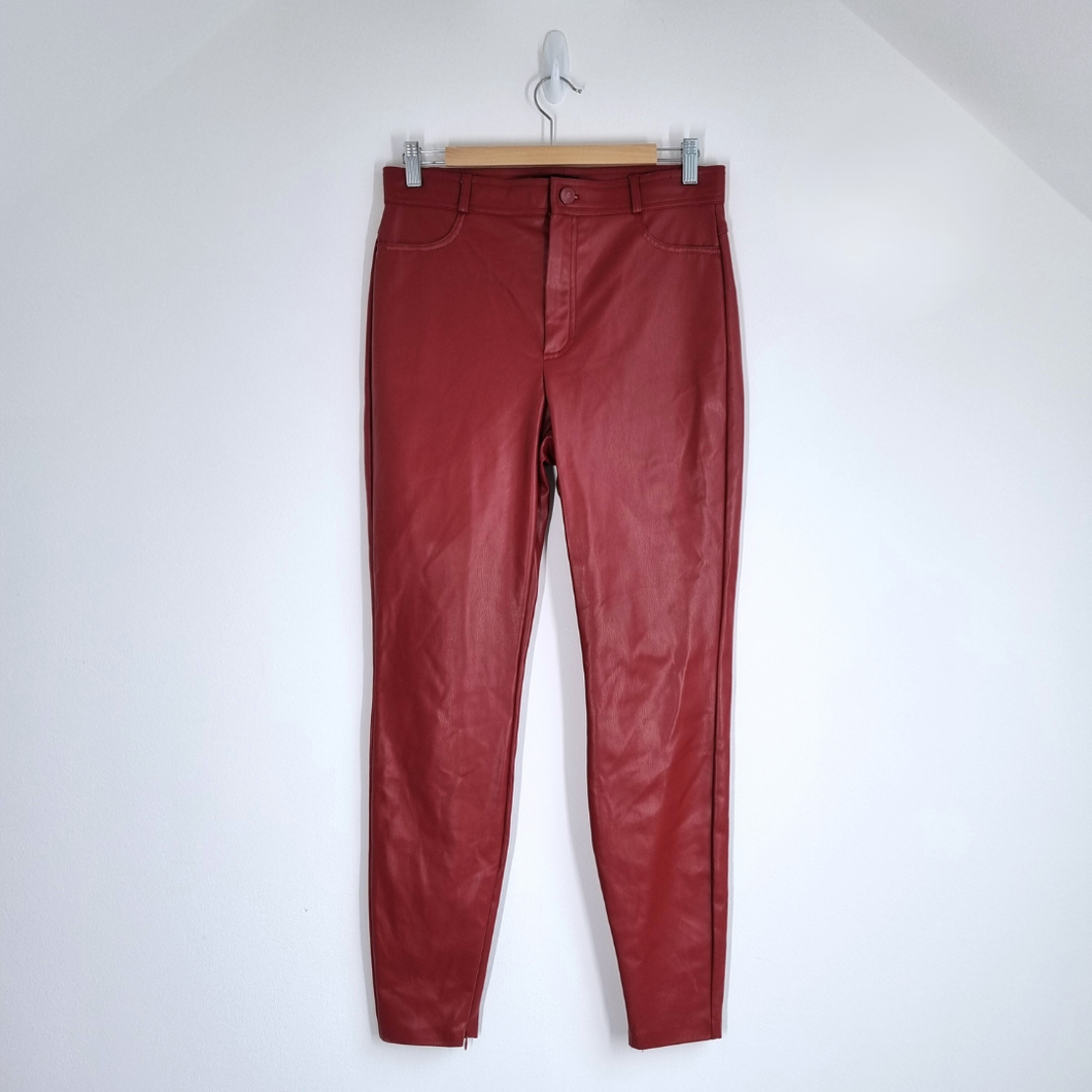 Zara Faux Leather Trousers Large Dark Red Skinny Ankle Zip High Rise Pockets