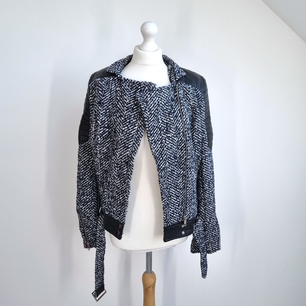 Capsule Tweed Biker Jacket UK 10 12 Faux Leather Boucle Wool Blue NEW T4 Work