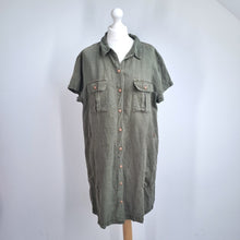 Load image into Gallery viewer, Nicole Miller Shirt Dress XL Linen Blend Khaki Green Button Down Safari Pockets
