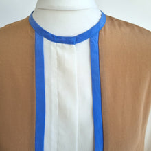 Load image into Gallery viewer, Vintage St Michael Blouse Top 80s Colourblock Tan Blue Mock Neck Button 12 14 16
