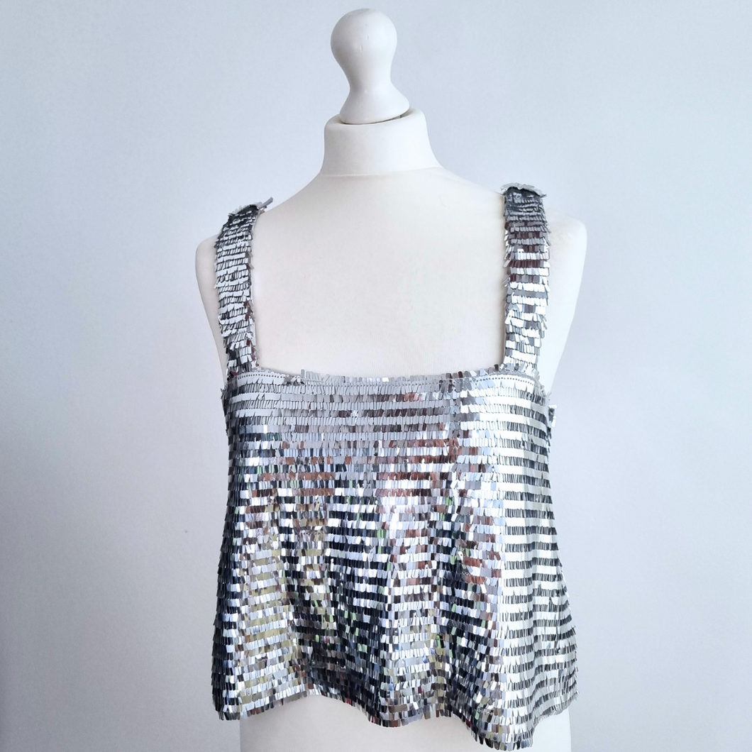 Zara Silver Sequin Top Crop Camisole Metallic Lined Party Festival Medium