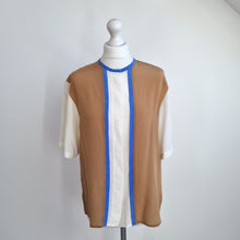 Load image into Gallery viewer, Vintage St Michael Blouse Top 80s Colourblock Tan Blue Mock Neck Button 12 14 16
