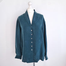 Load image into Gallery viewer, Vintage Monsoon Blouse 100% Silk Dark Green Embroidered Long Sleeves Boho Medium
