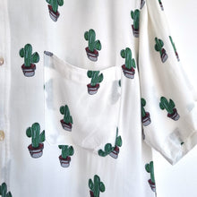 Load image into Gallery viewer, Ahimsa Bali Shirt Cactus Print Men&#39;s White Short Sleeves Casual Festival Large

