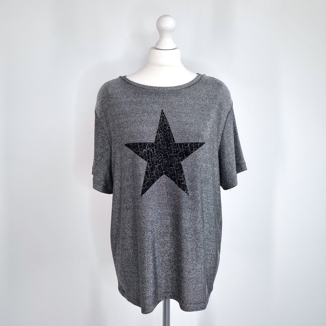 Hush Sparkly T-shirt Star Print Silver Grey Top Shoulder Pads Party Medium