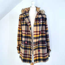 Load image into Gallery viewer, Tiffany Check Pea Coat Hooded Plaid Duffle Burgundy Mustard Beige Fur Trim XL
