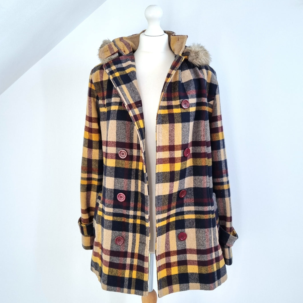 Tiffany Check Pea Coat Hooded Plaid Duffle Burgundy Mustard Beige Fur Trim XL