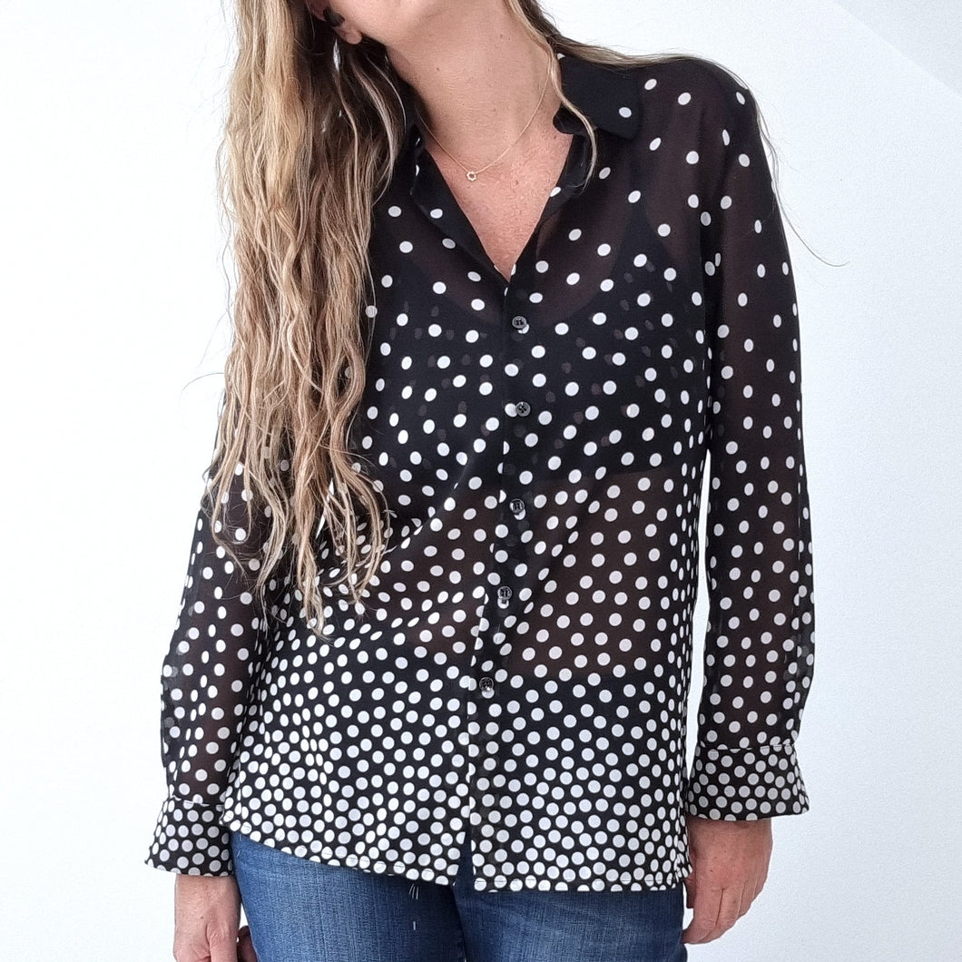 Vintage Jaeger Blouse Polka Dot Black White Shirt 80s Faux Silk Top Print 12