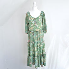 Load image into Gallery viewer, Vintage Prairie Dress Midi Floral Print Mint Green Tiered Peasant Boho 8 10
