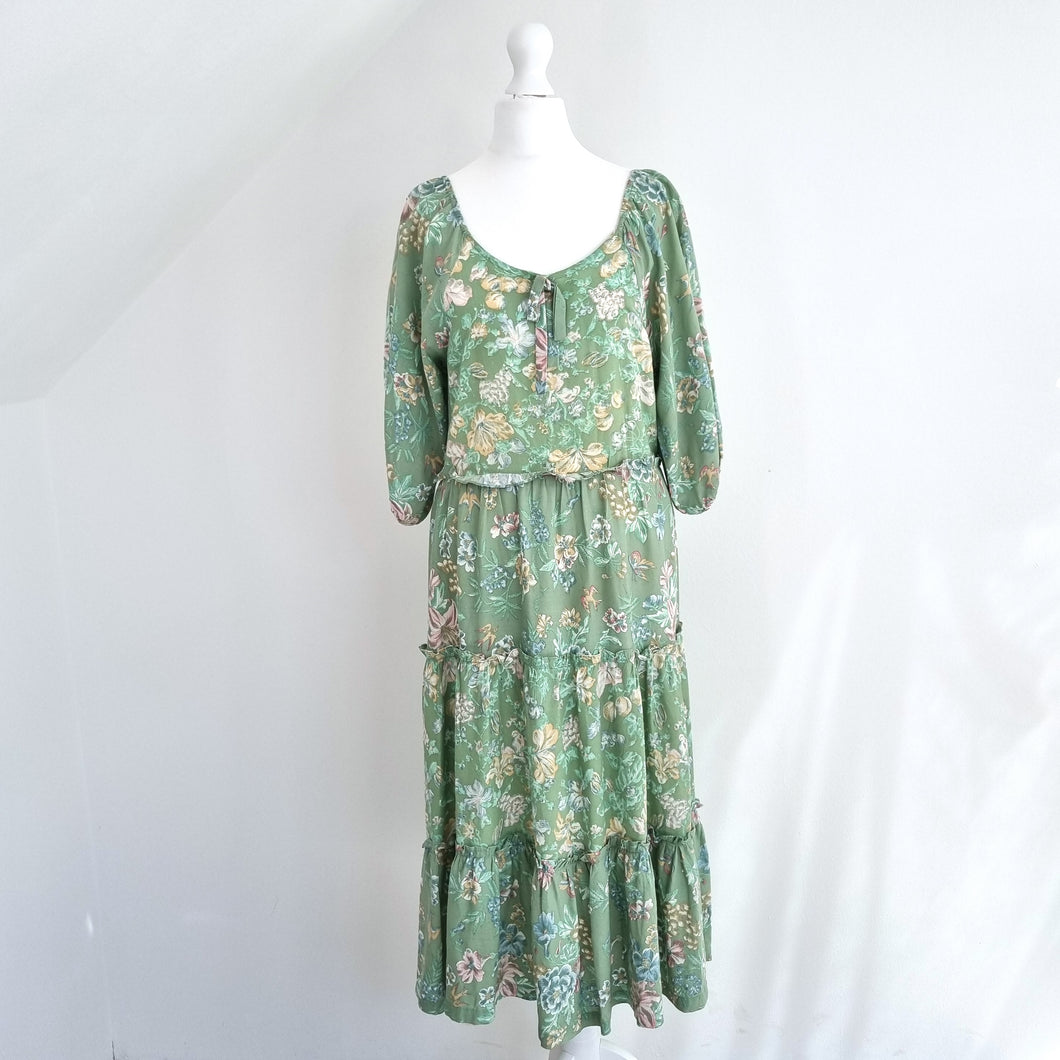 Vintage Prairie Dress Midi Floral Print Mint Green Tiered Peasant Boho 8 10