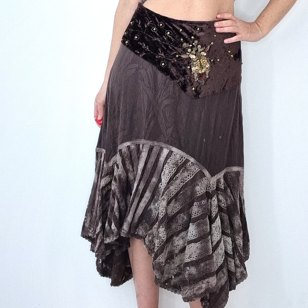 Chine Collection Skirt Hitched Midi Brown Velvet Lace Boho Gipsy Peasant 14 16