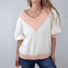 Load image into Gallery viewer, Vintage Handmade Jumper Chenille Cable Knit Pink Cream Half Sleeves V Neck L XL
