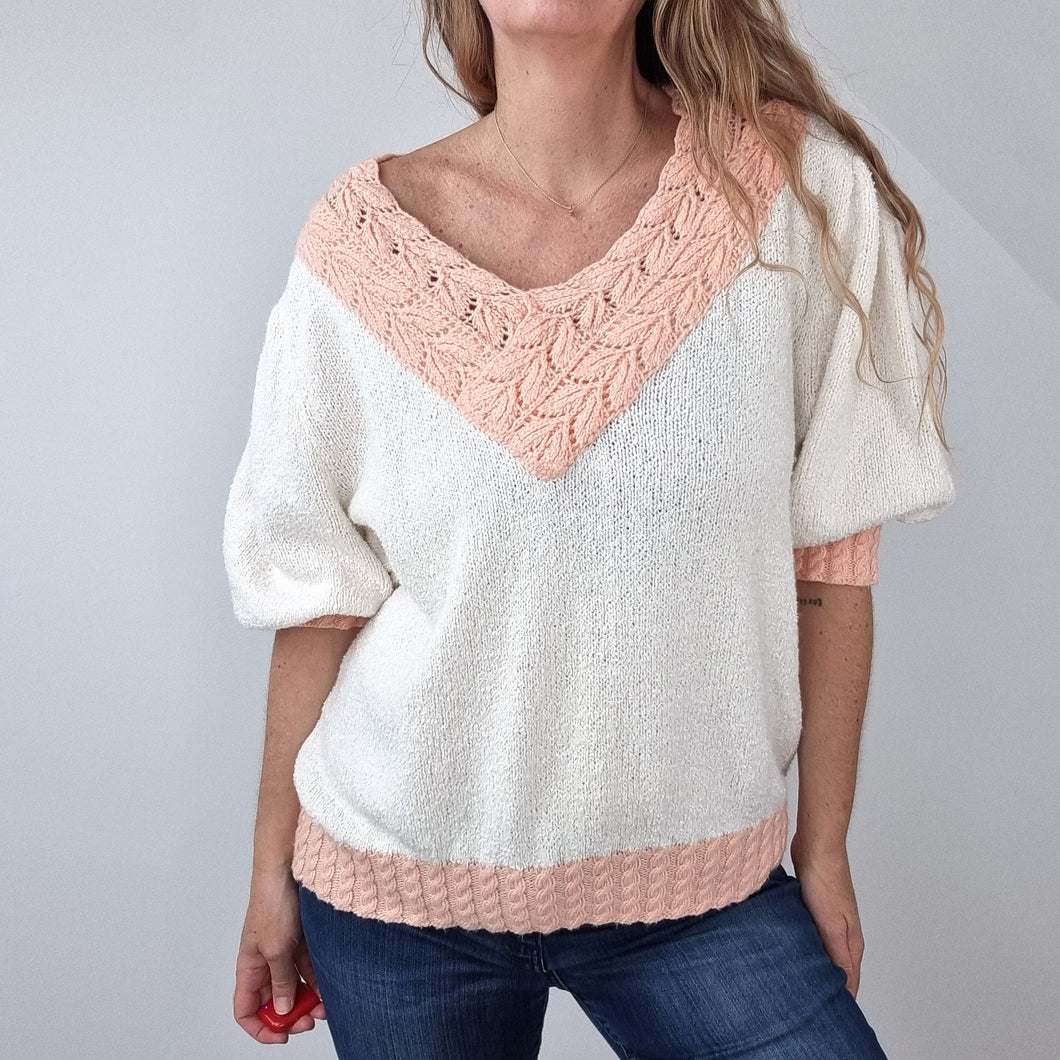 Vintage Handmade Jumper Chenille Cable Knit Pink Cream Half Sleeves V Neck L XL