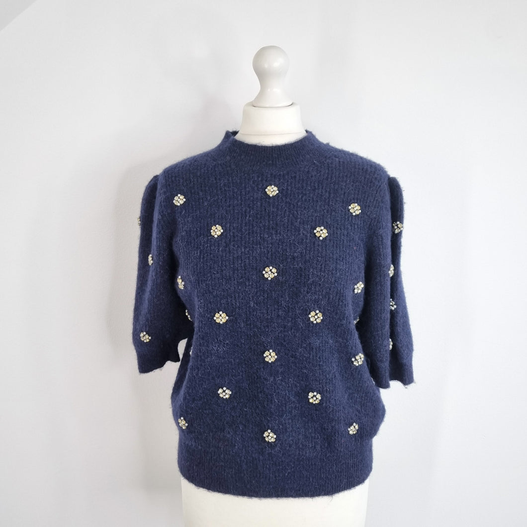 Boden Embellished Fluffy T-Shirt Top Navy Short Sleeves Wool Alpaca Knit Medium