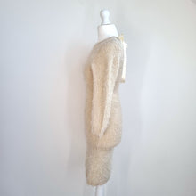 Load image into Gallery viewer, Y2K Fuzzy Knit Dress Cream Open Back Tie Bodycon One Size Boutique Jumper Winter
