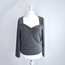 Load image into Gallery viewer, Hush Lurex Top Sparkly Silver Blouse Sweetheart Ruched Stretch Long Sleeves XL
