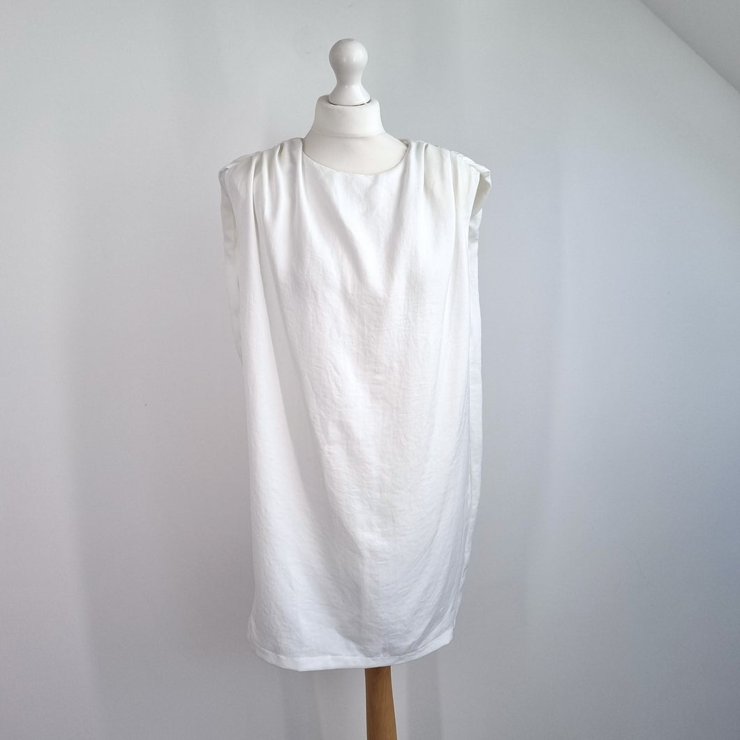 Zara White Mini Dress NEW Grecian Shoulders Pads Tunic Sleeveless Medium Lined