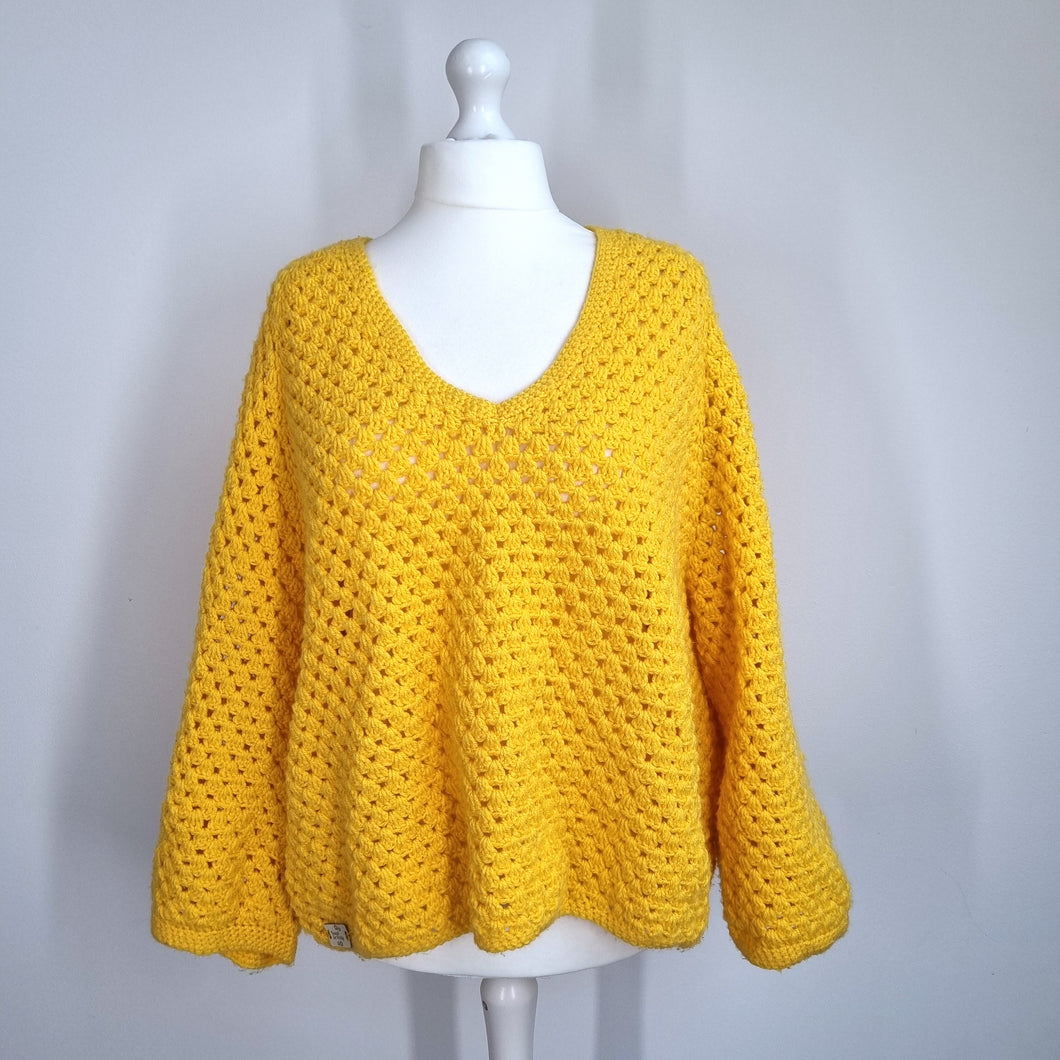 Handmade Crochet Jumper Yellow Oversized Chunky Knit Granny Long Sleeve L to XXL