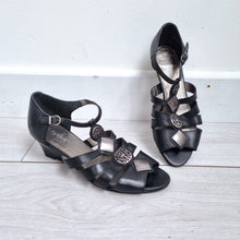 Load image into Gallery viewer, Hotter Surabaya Wedge Sandals UK 6 Black Leather Comfort Gladiador Fishermen
